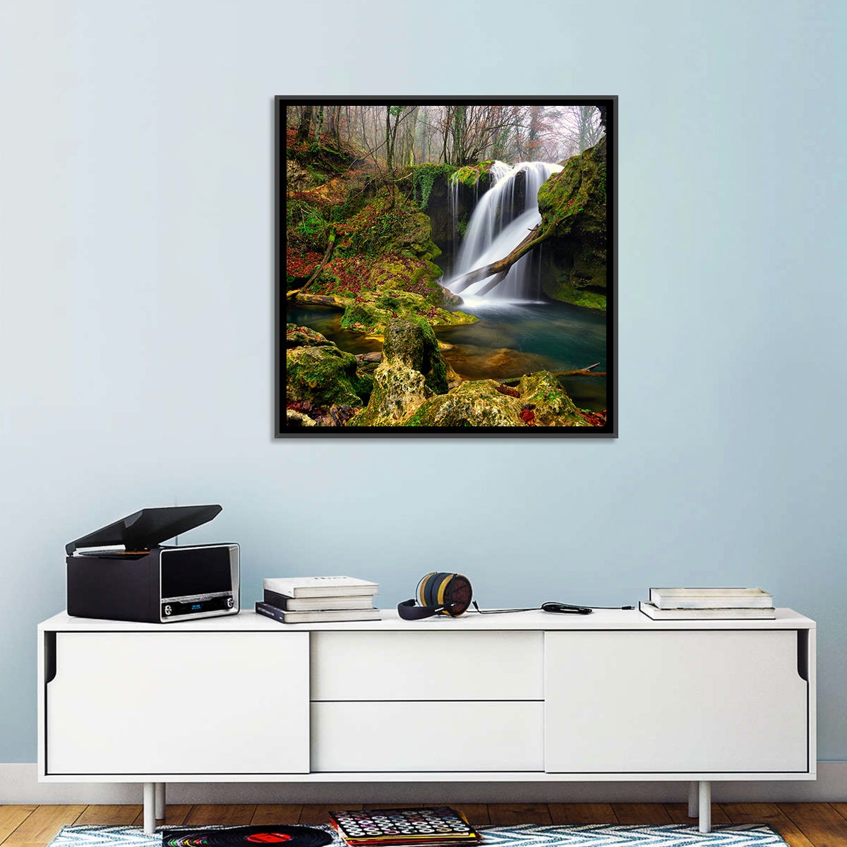 Cheile Nerei Mossy Waterfall Wall Art in a room, square