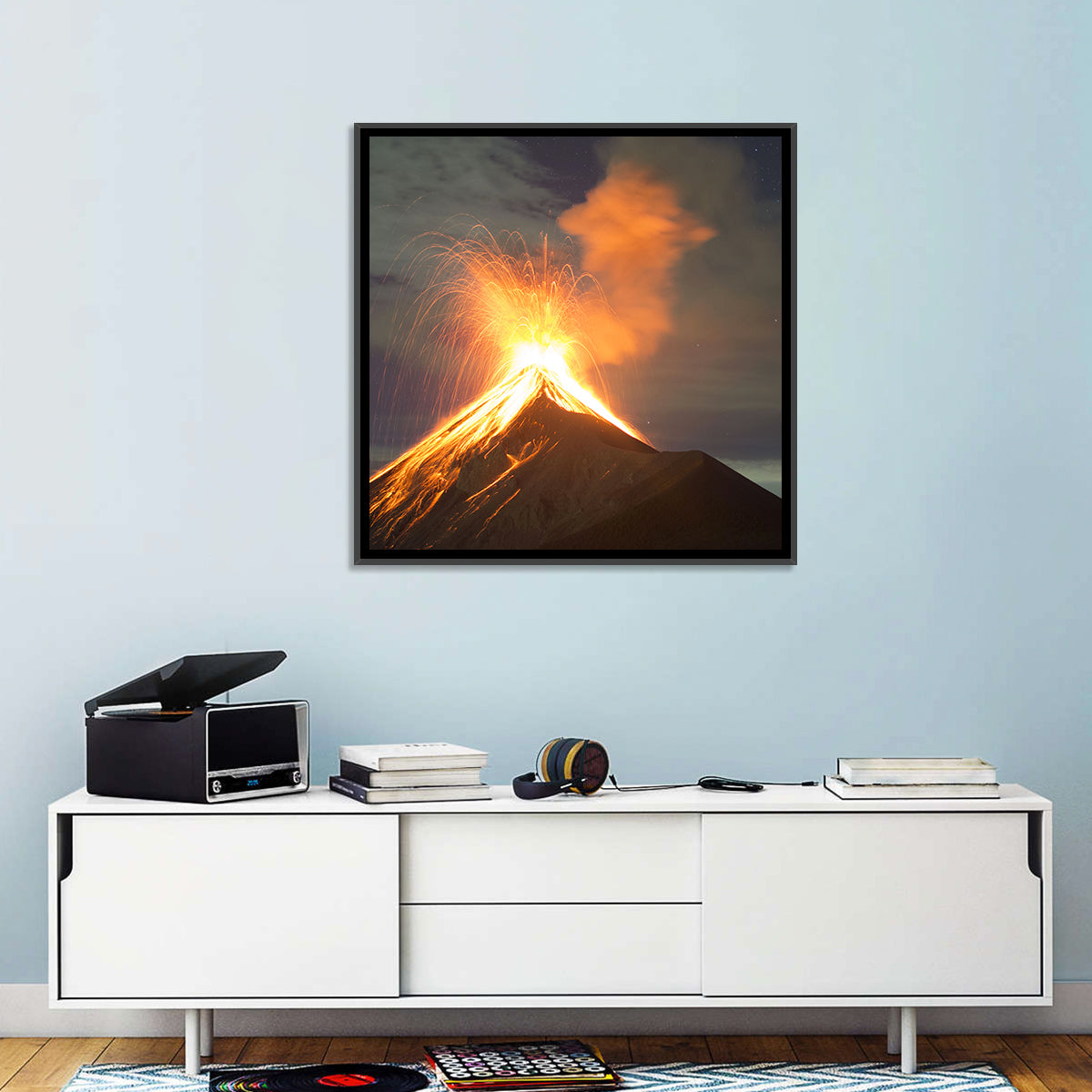 Starry Night Volcano Eruption Wall Art in a room, square