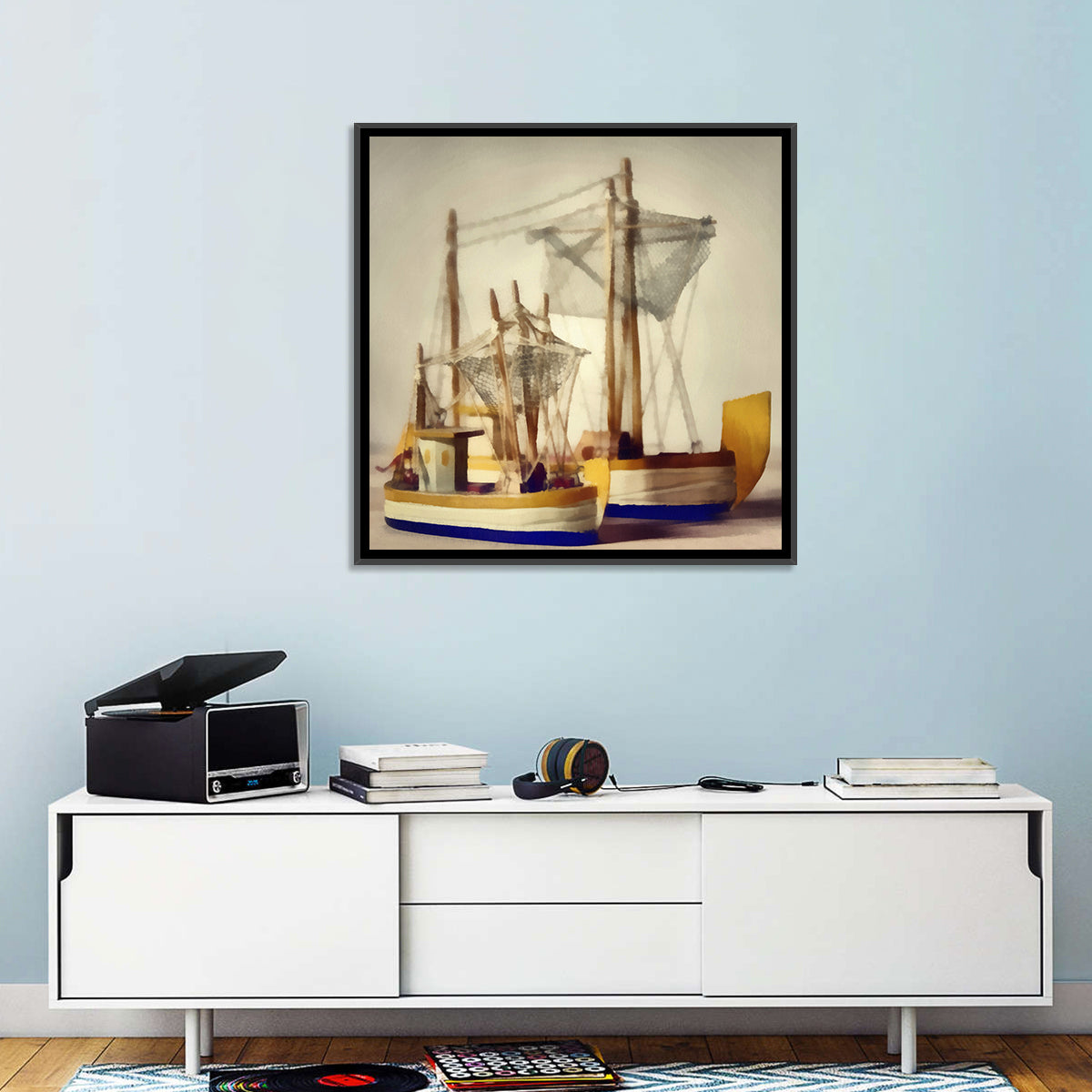 Two Watercolor Boats Wall Art in a room, square