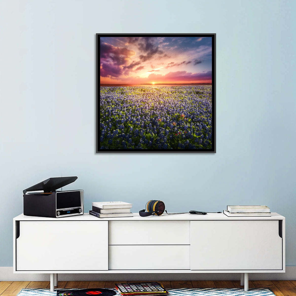 Texas Bluebonnet Sunset Wall Art in a room, square