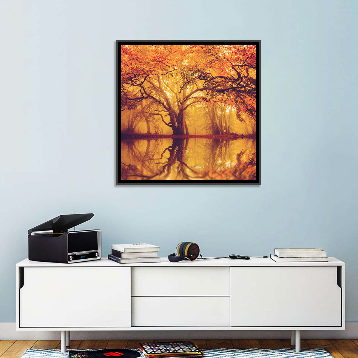Golden Mist Forest Reflection Wall Art in a room, square