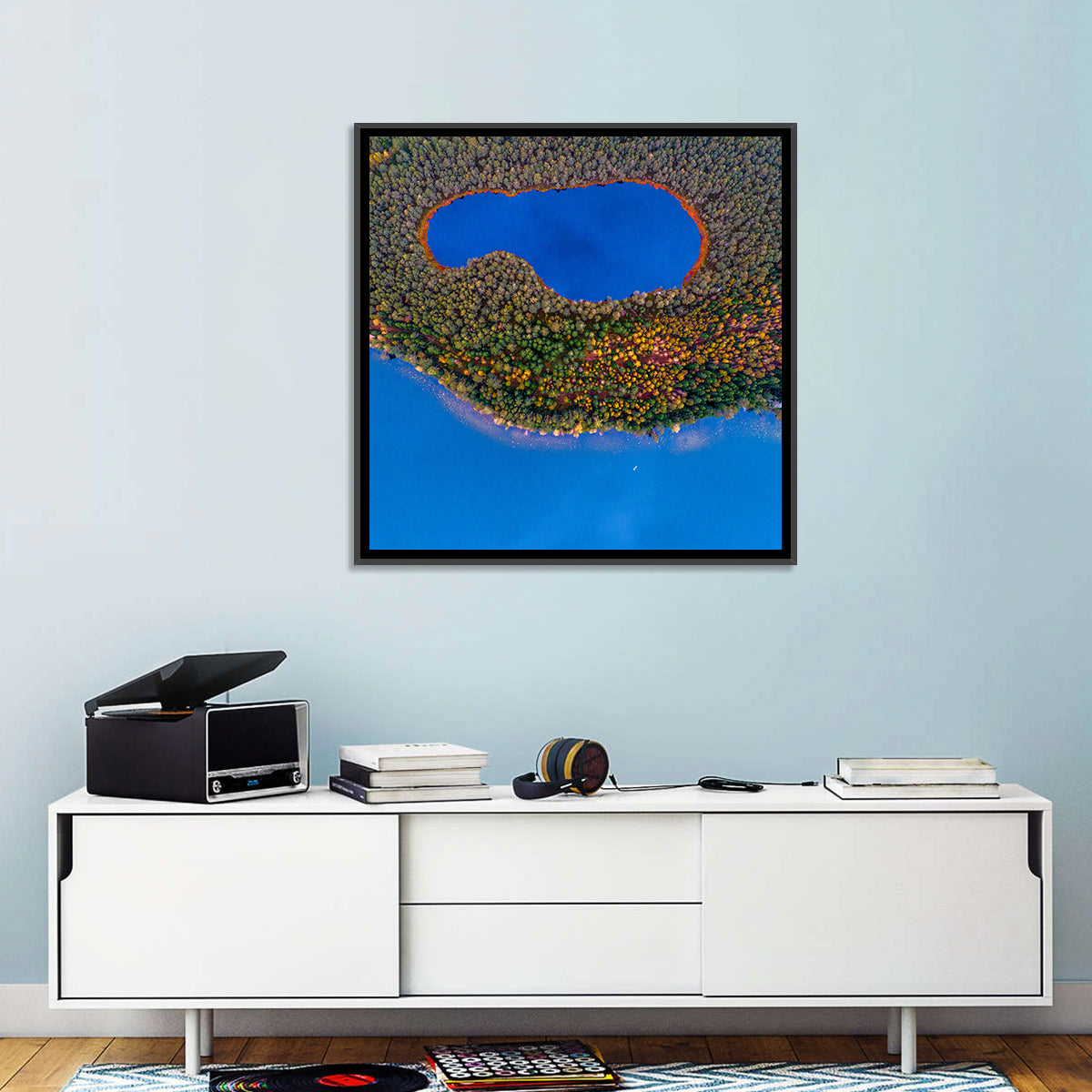 Autumn Forest Lake Wall Art in a room, square