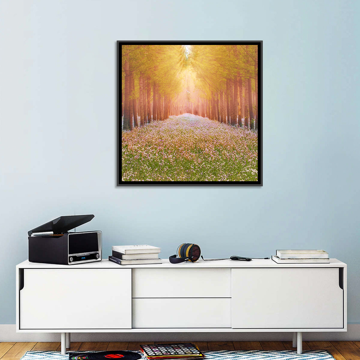 Golden Morning Forest Path Wall Art in a room, square