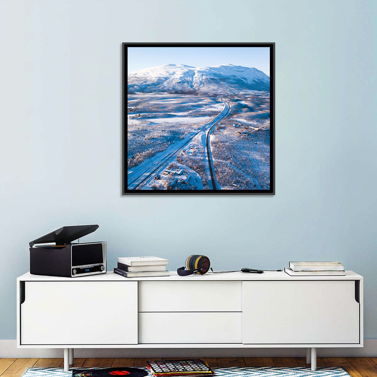 Snowy Valley with Parallel Tracks Wall Art in a room, square
