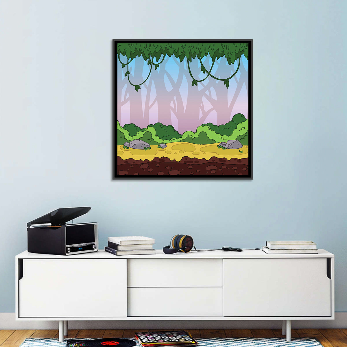 Playful Jungle Path Illustration Wall Art in a room, square