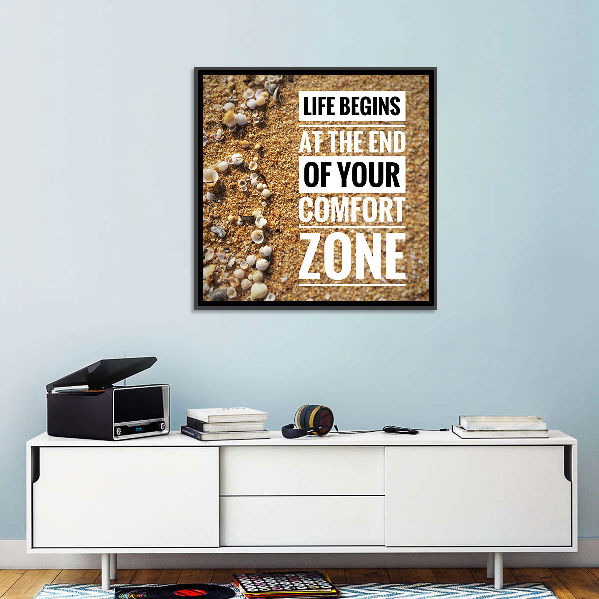 Life Begins at the End Quote Wall Art in a room, square