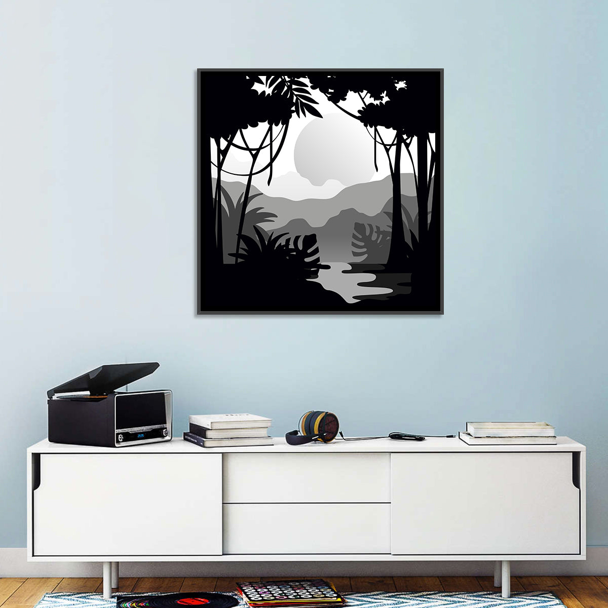 Tropical Jungle Silhouette Wall Art in a room, square