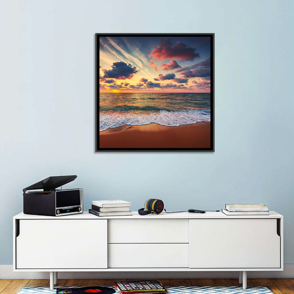 Golden Hour Beach Waves Under Cloudy Sky Wall Art