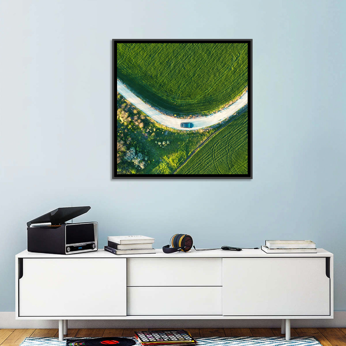 Aerial Farm Fields at Golden Hour Wall Art in a room, square