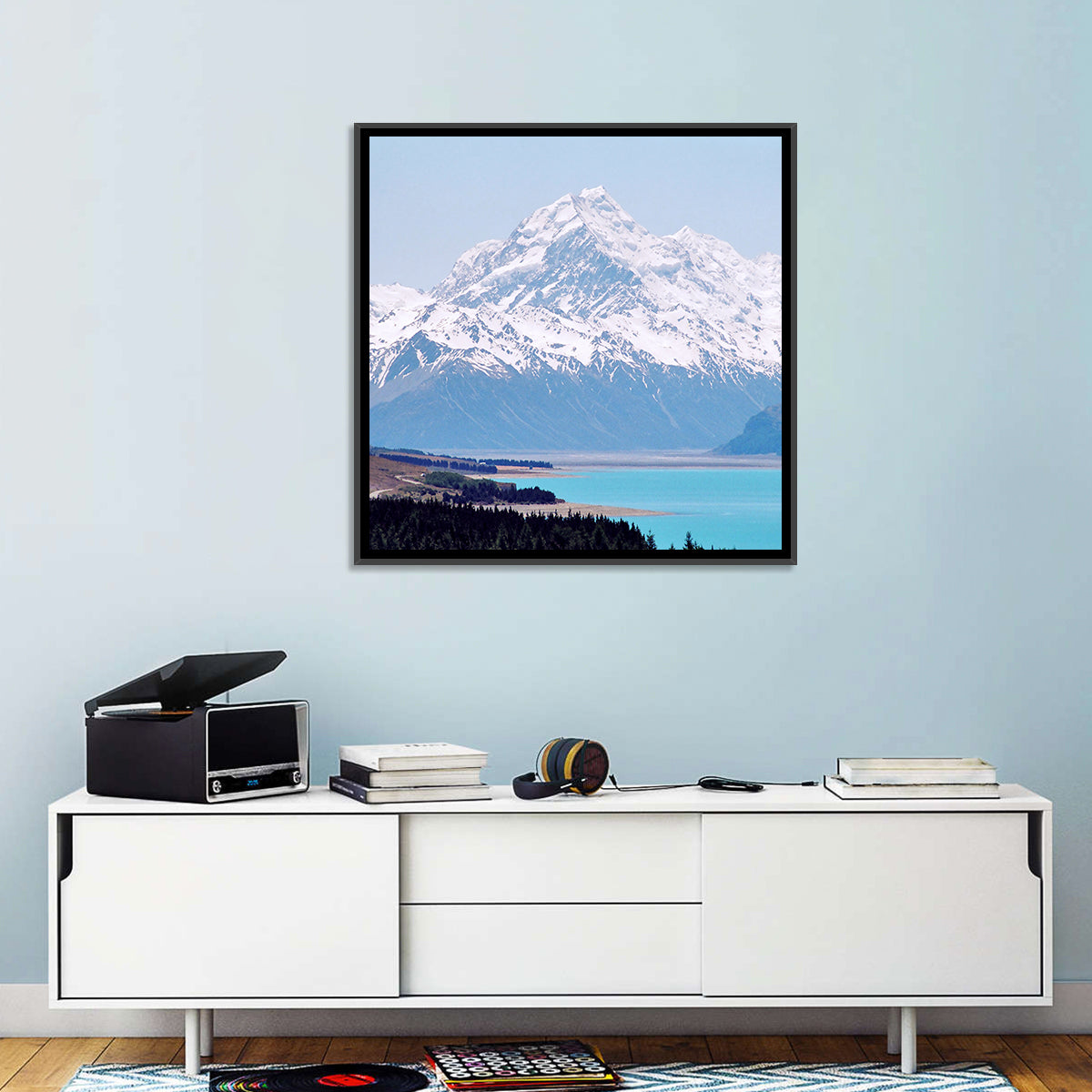 Lake Pukaki and Aoraki Mount Cook Wall Art in a room, square