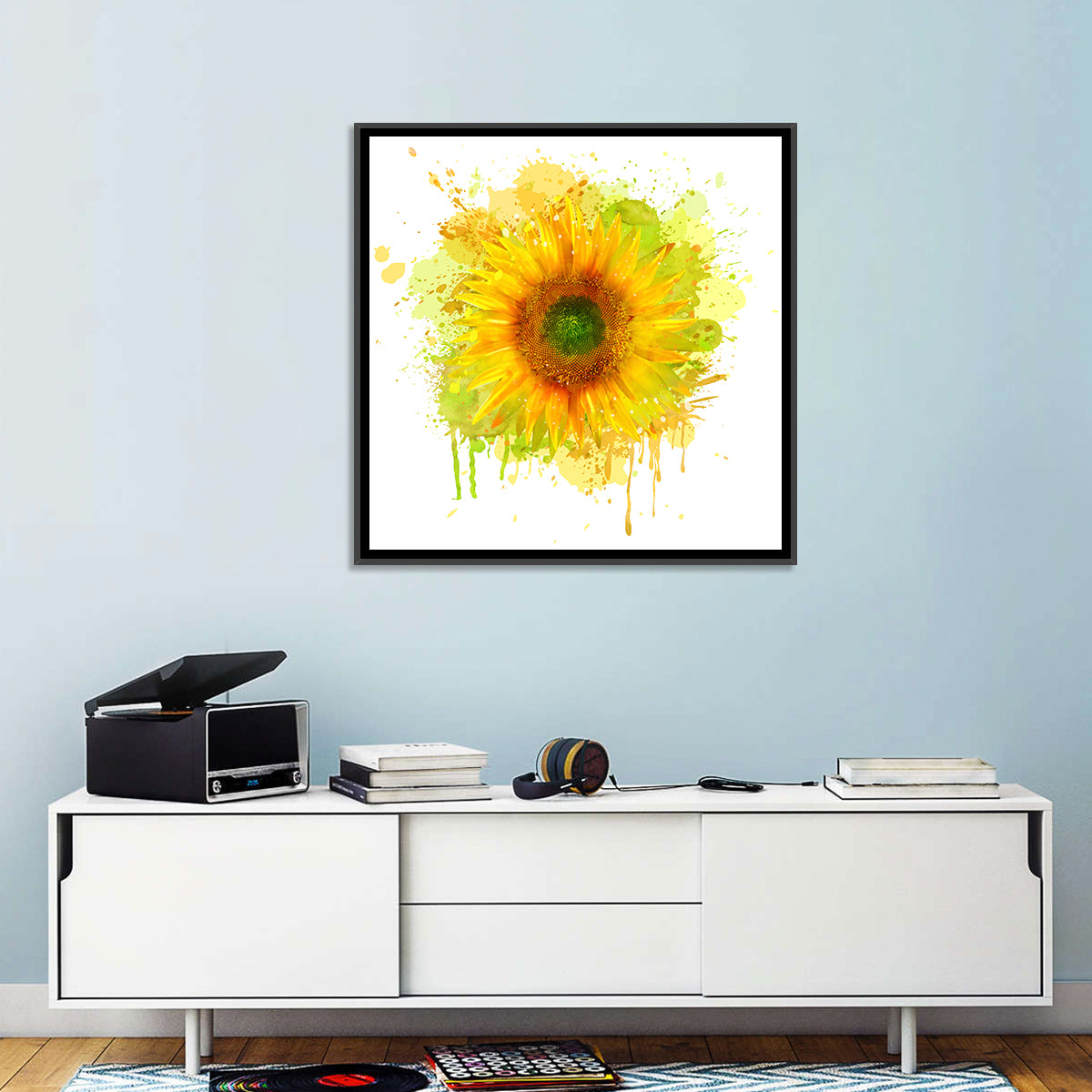 Watercolor Sunflower Wall Art in a room, square