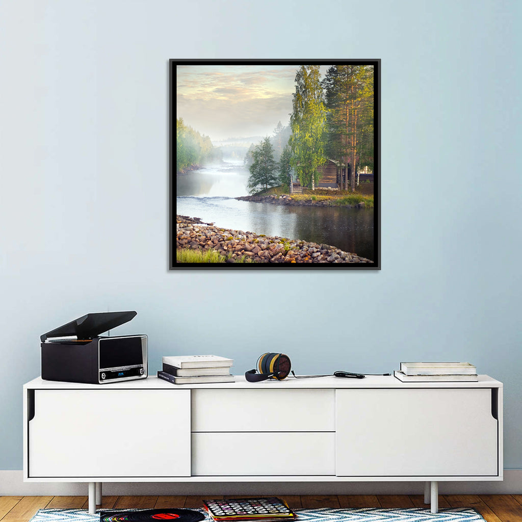 Misty River with Red Roof Cabin Wall Art