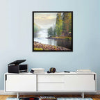 Misty River with Red Roof Cabin Wall Art