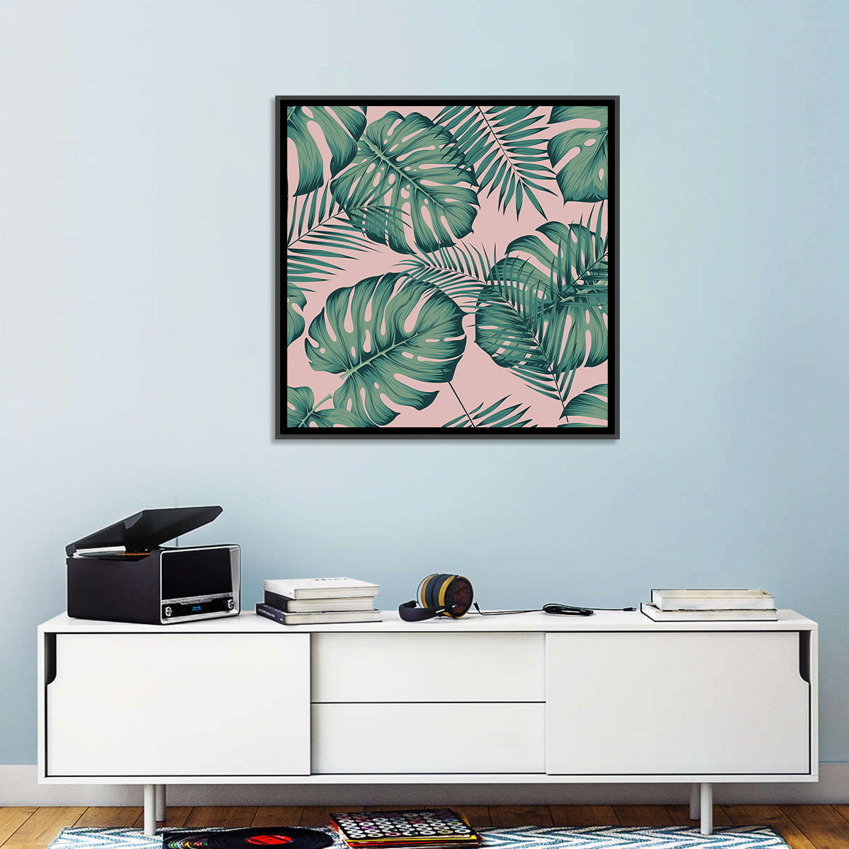 Areca Palm and Monstera Leaves Wall Art in a room, square