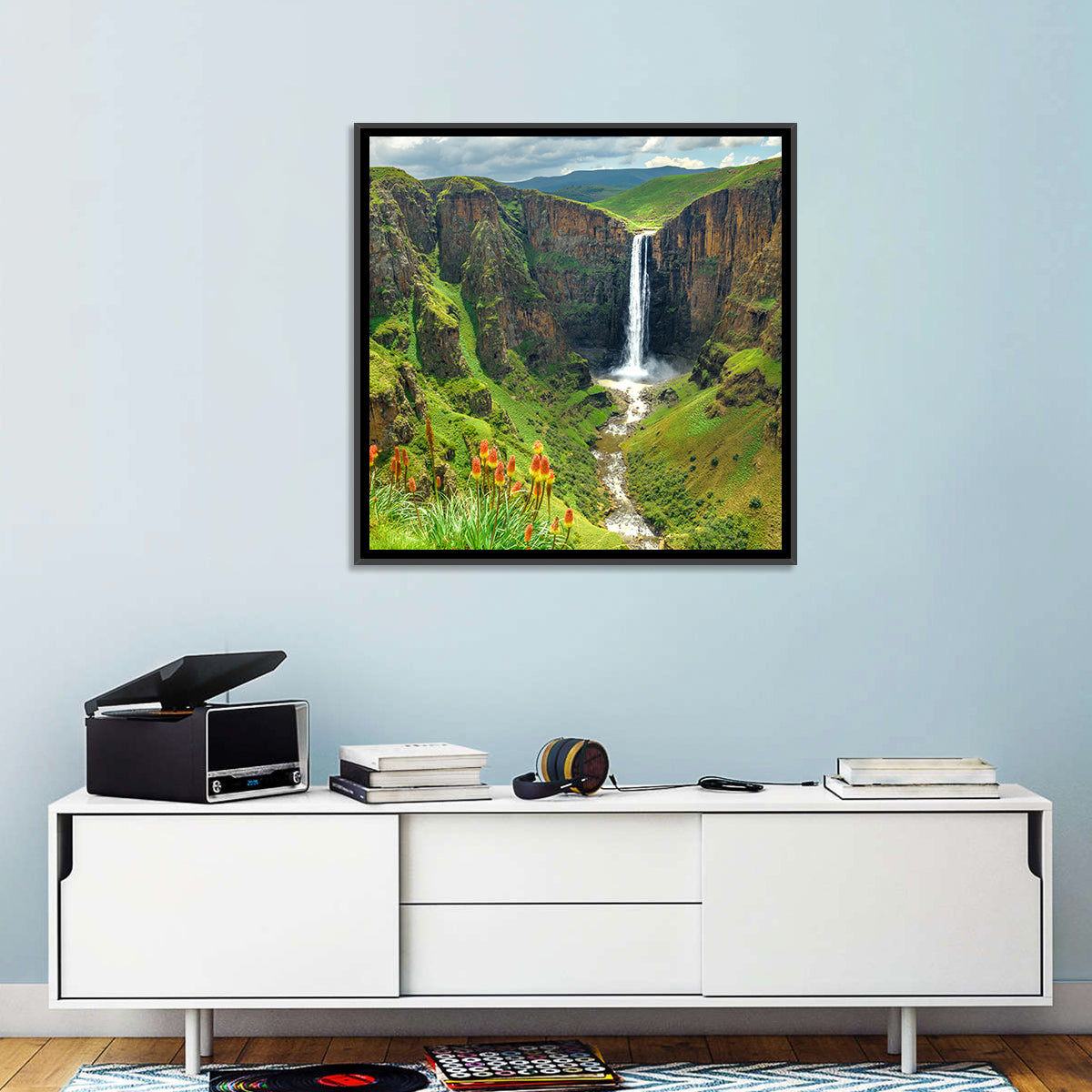 Maletsunyane Falls with Torch Lilies Wall Art in a room, square