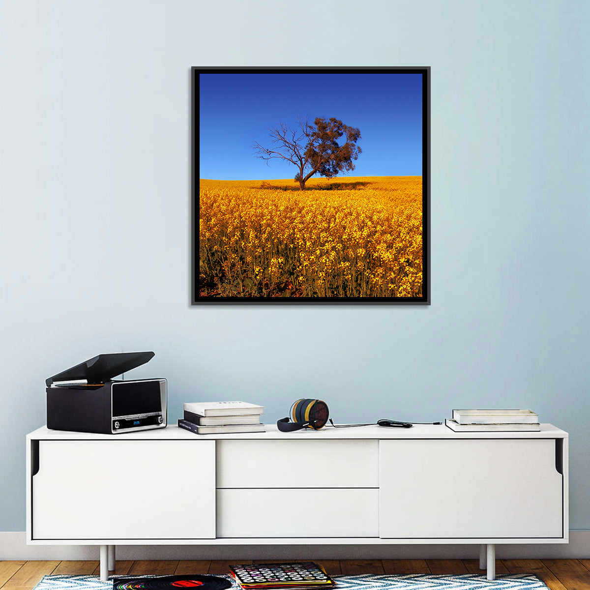 Canola Field with Lone Tree Wall Art in a room, square