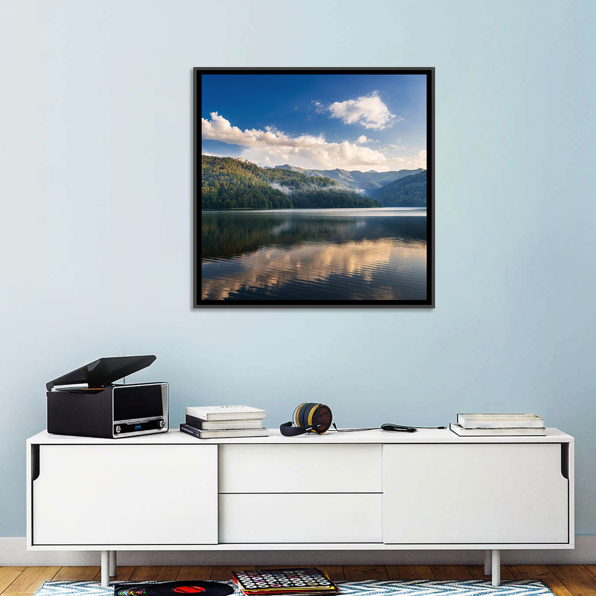 Golden Mist Mountain Lake Wall Art in a room, square