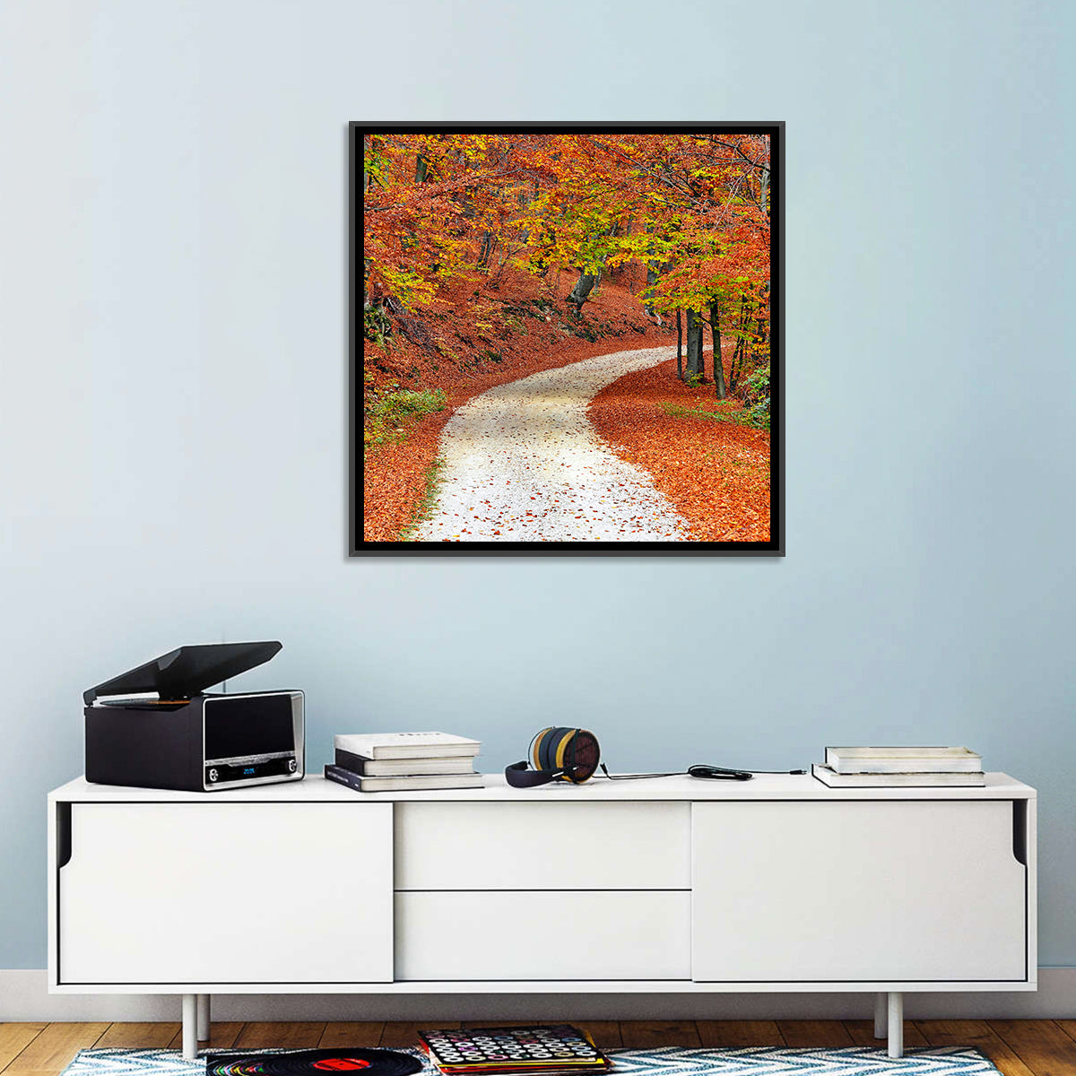 Misty Gravel Path Through Autumn Trees Wall Art in a room, square