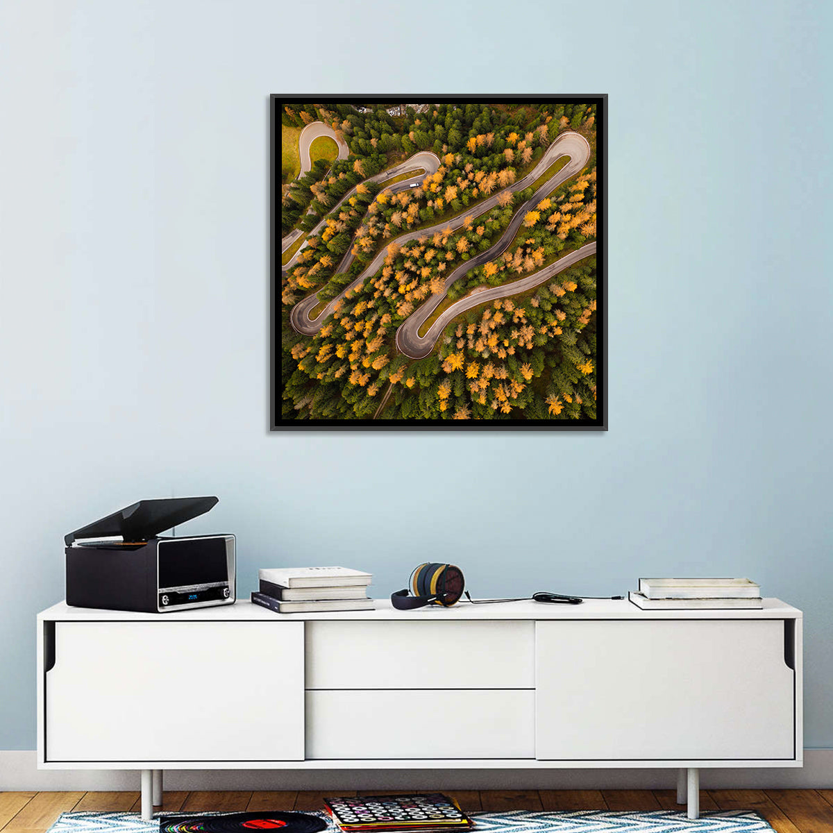 Aerial Curvy Forest Road Wall Art in a room, square