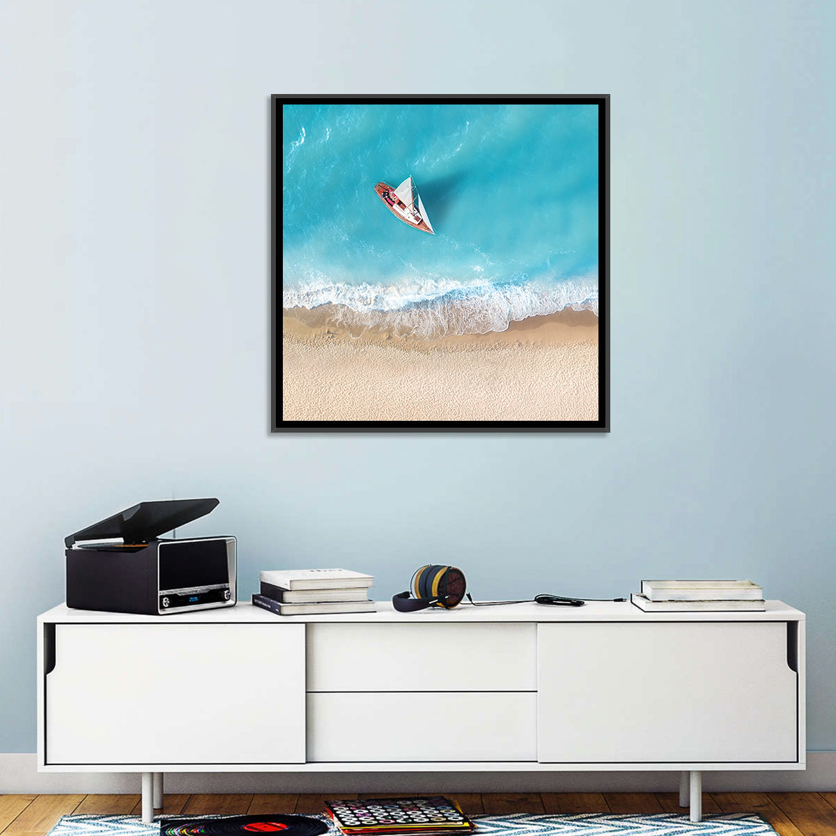 Centered Sailboat Over Turquoise Sea Wall Art