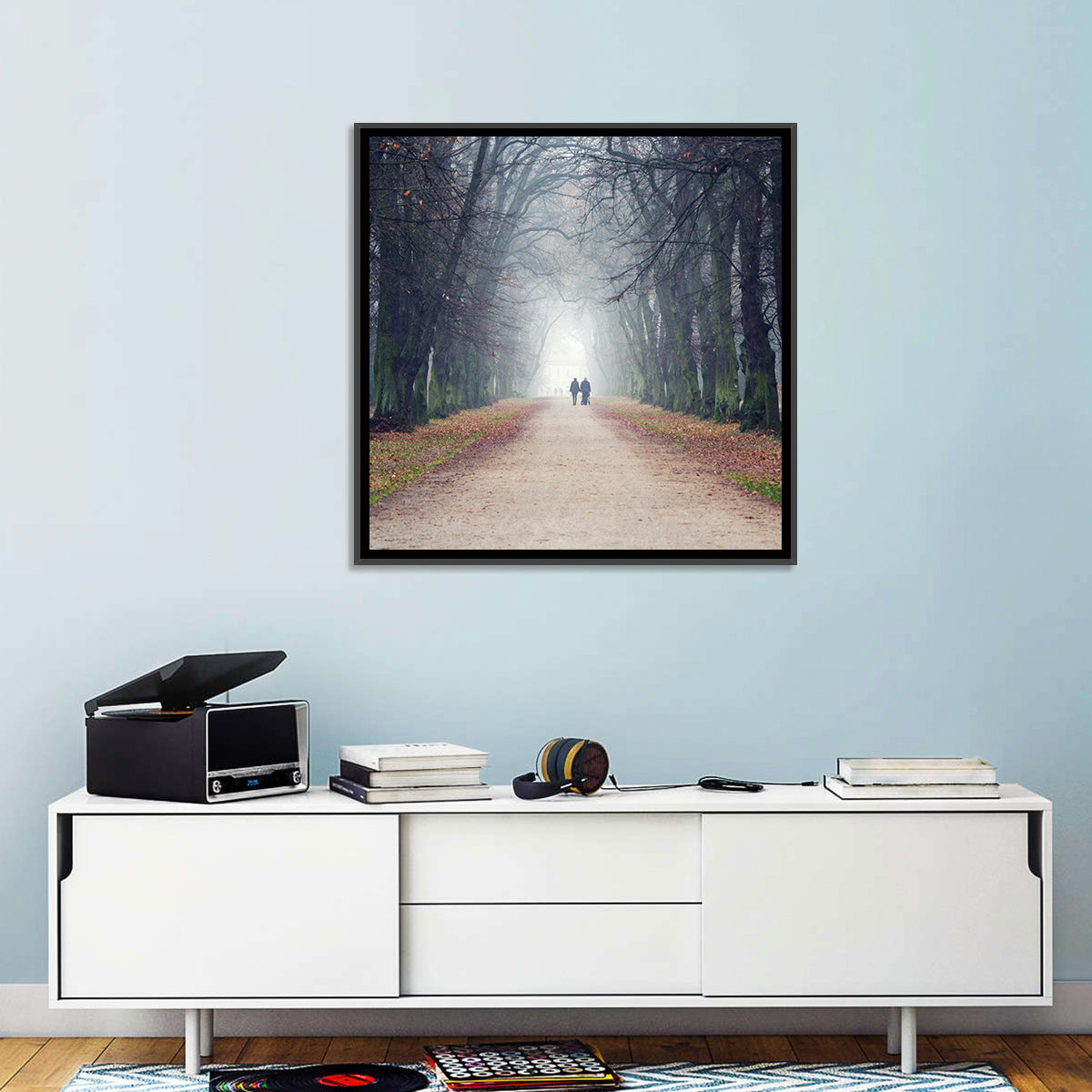 Foggy Tree Lined Walkway in Autumn Wall Art in a room, square