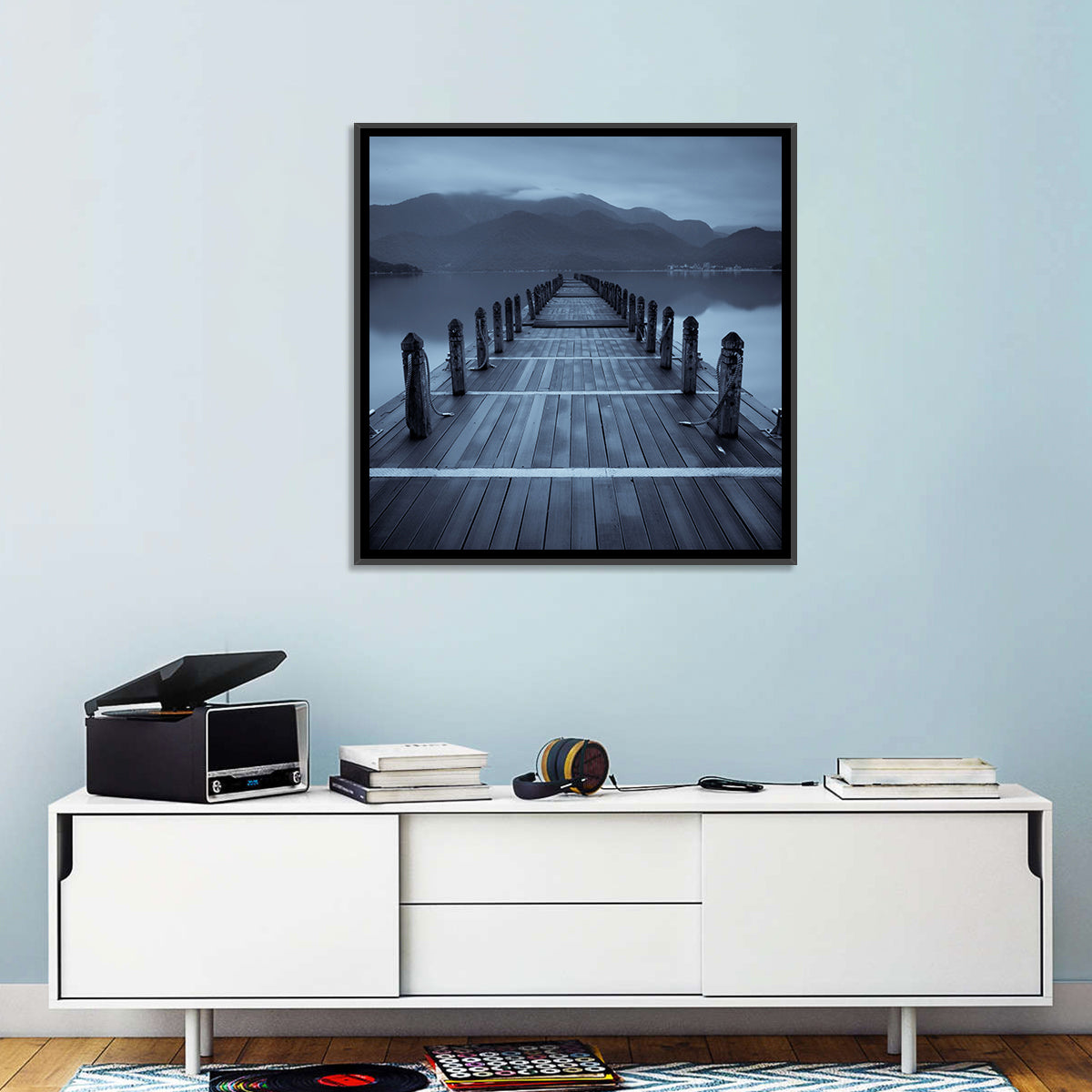 Long Lake Pier at Dusk Wall Art in a room, square