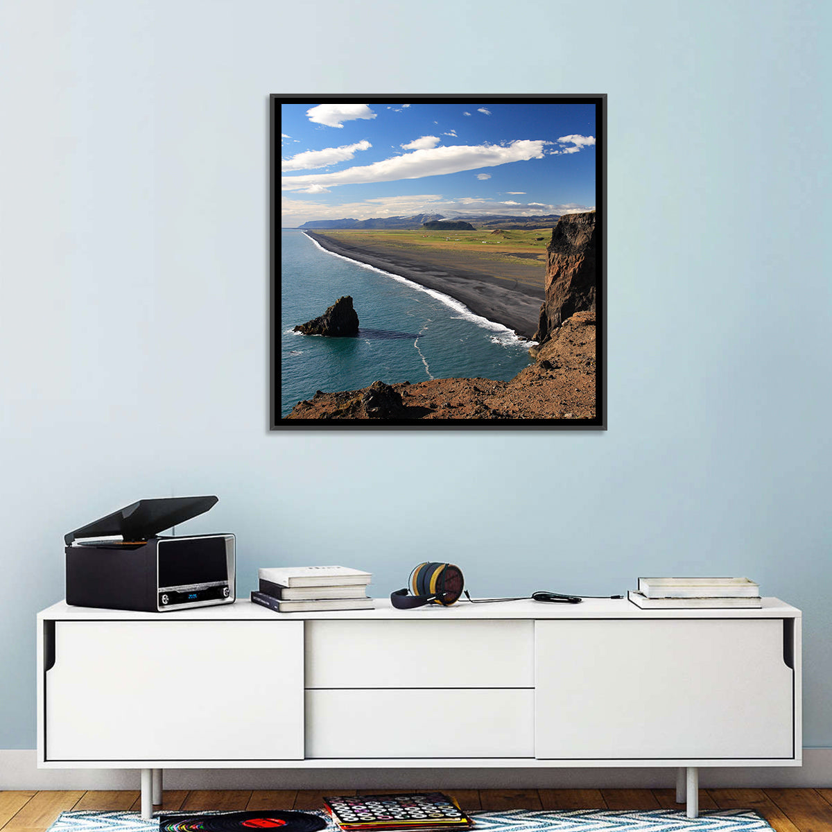Dyrhólaey Black Sand Beach and Sea Stack Wall Art in a room, square
