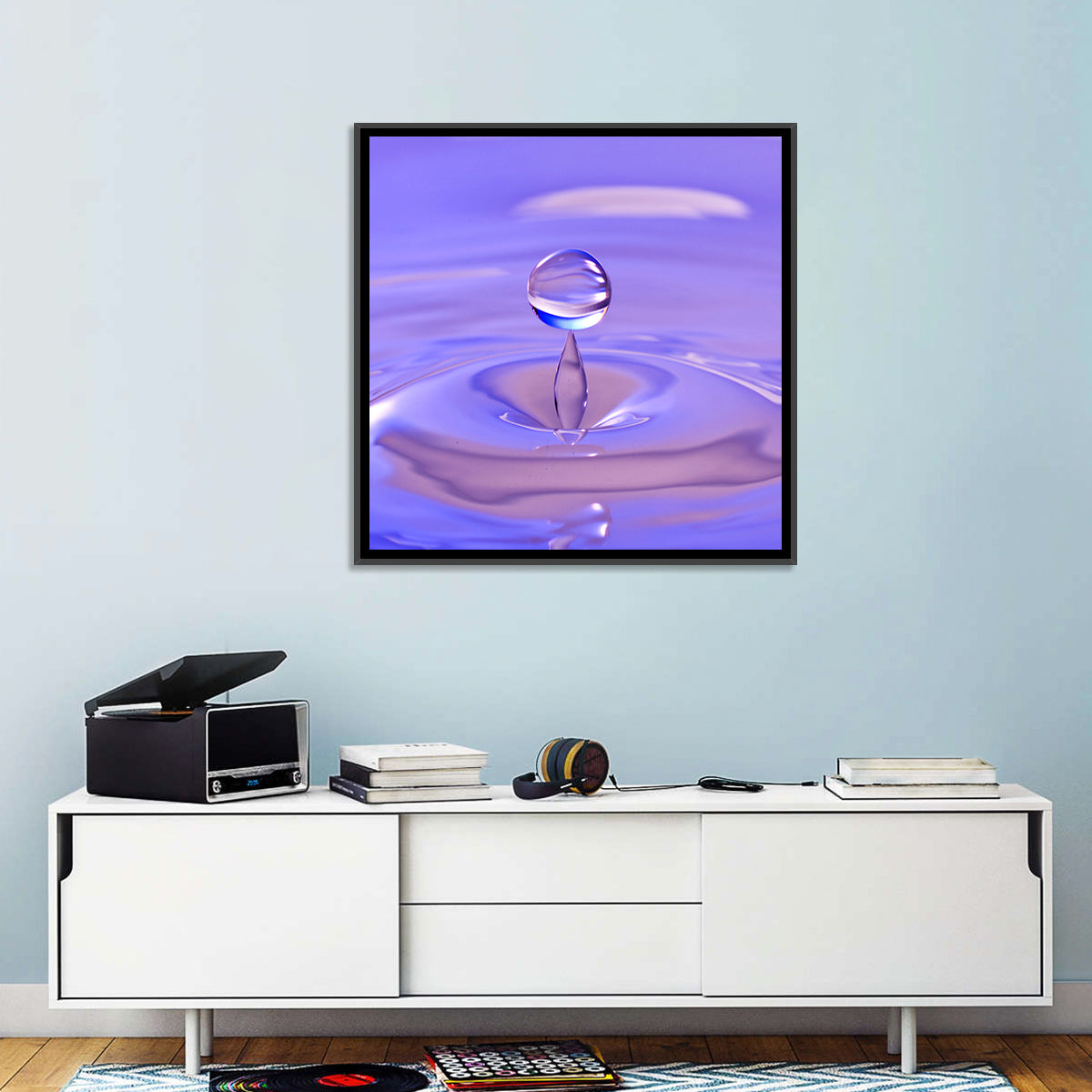 Purple Water Droplet Splash Wall Art in a room, square