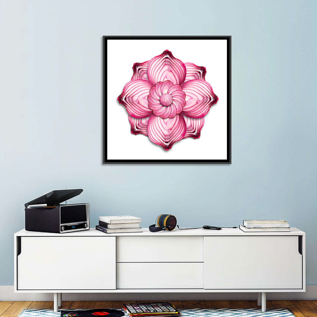 Red Onion Mandala Floral Pattern Wall Art in a room, square