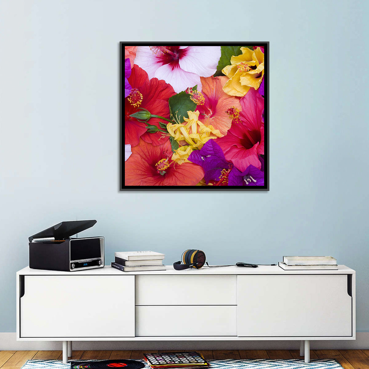 Tropical Bougainvillea and Hibiscus Bloom Wall Art in a room, square