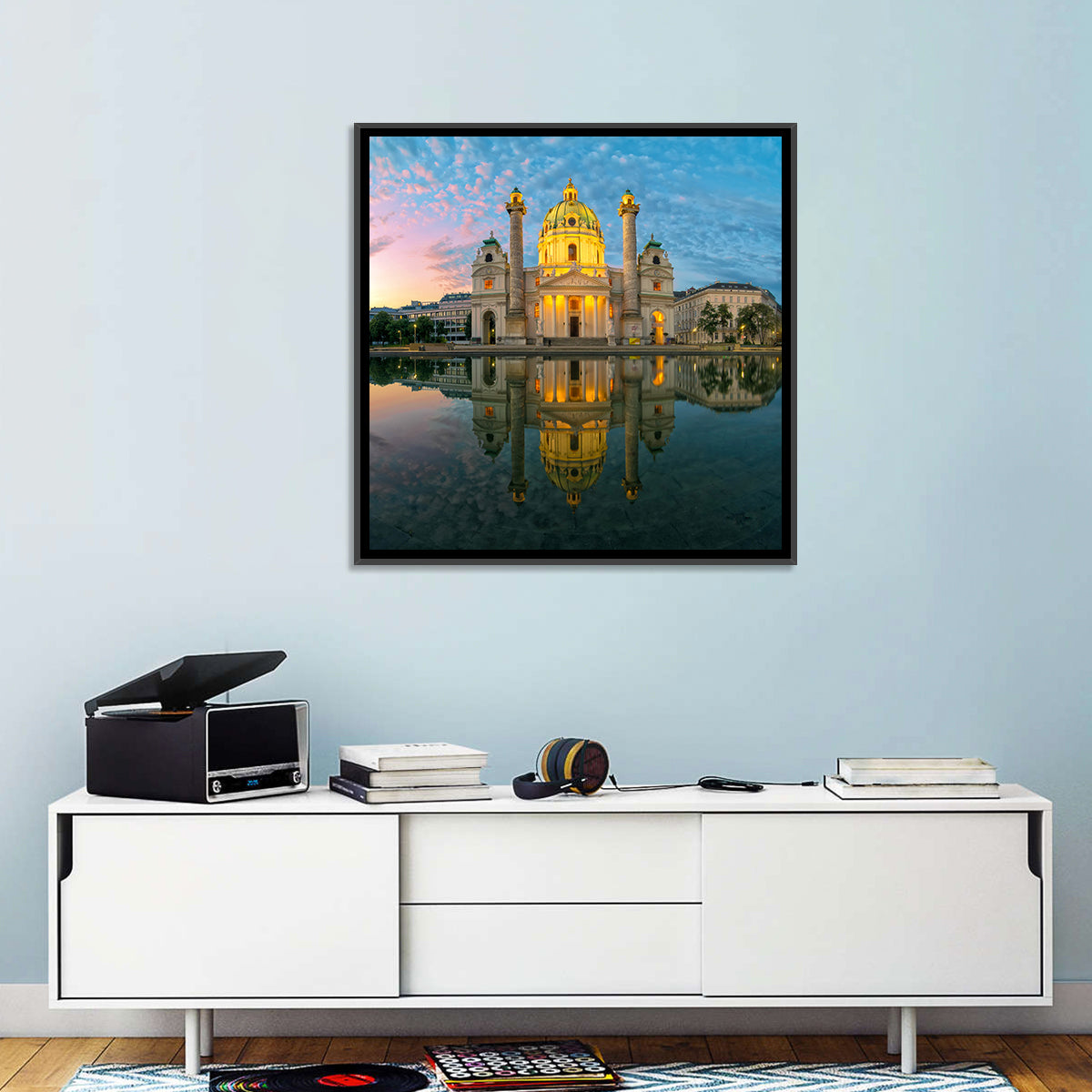 Karlskirche Golden Hour Reflection Wall Art in a room, square