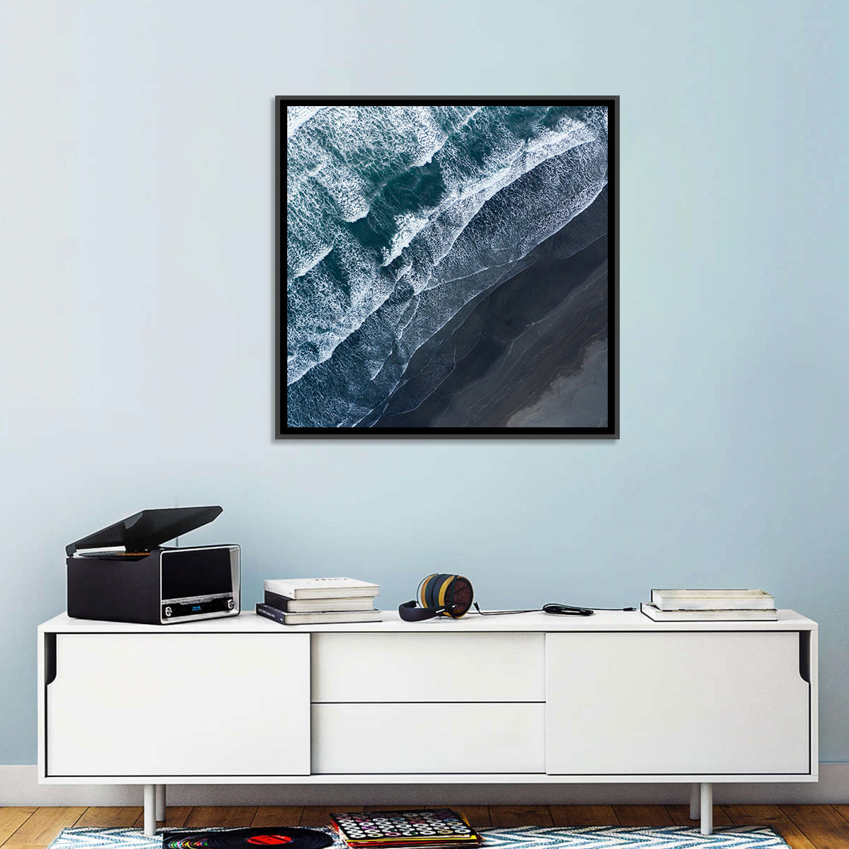 Volcanic Surf on Black Sand Wall Art in a room, square