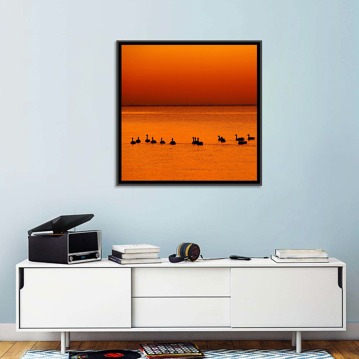 Geese Silhouettes at Orange Sunset Wall Art in a room, square