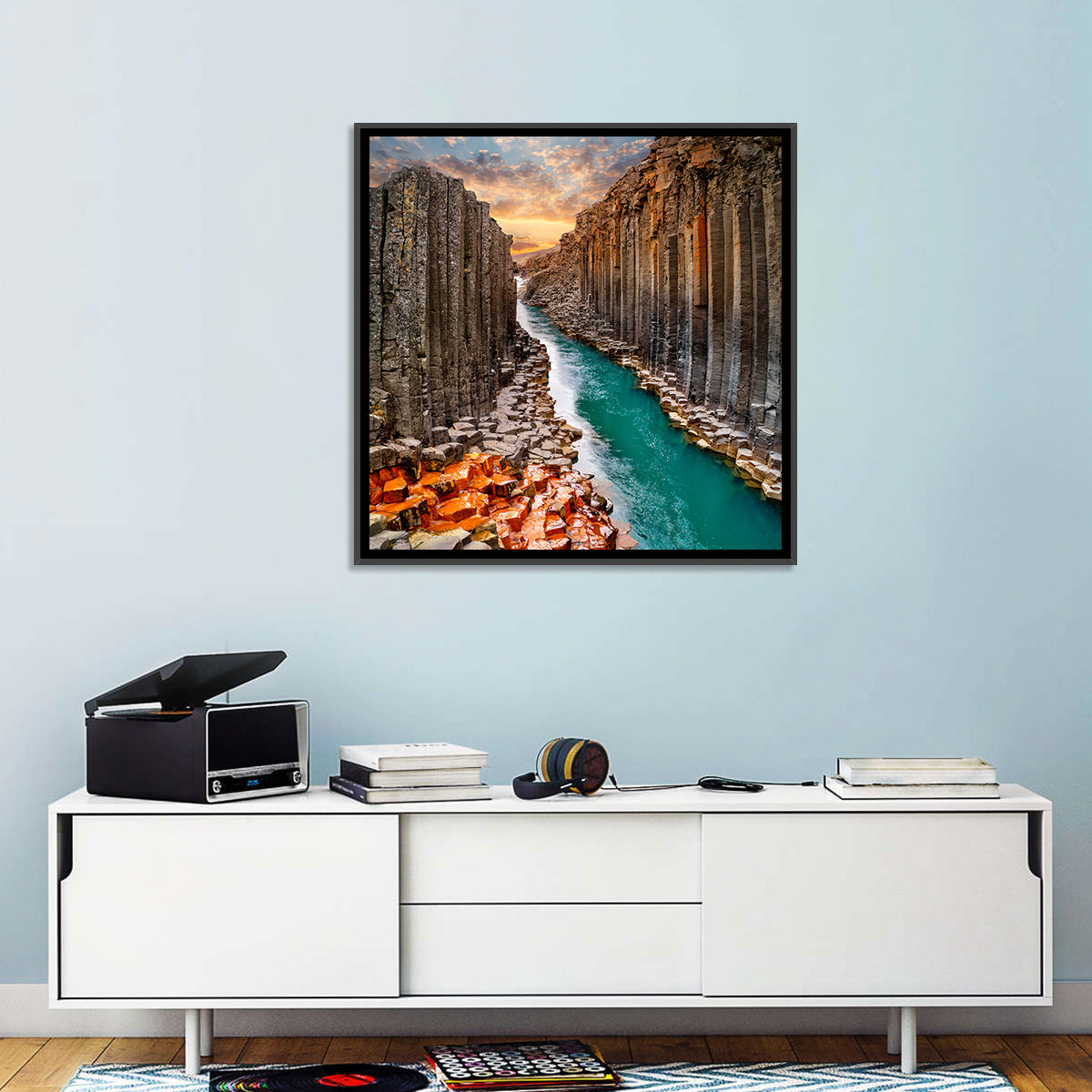 Stuðlagil Canyon Basalt Columns at Golden Hour Wall Art in a room, square