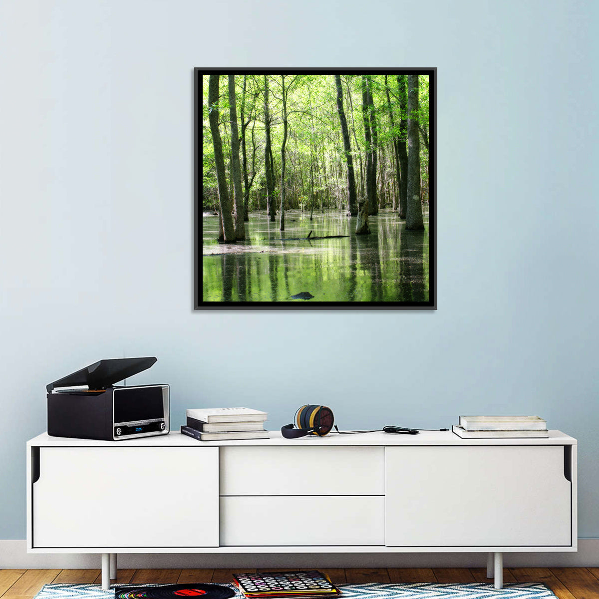 Sunlit Swamp Forest Wall Art in a room, square
