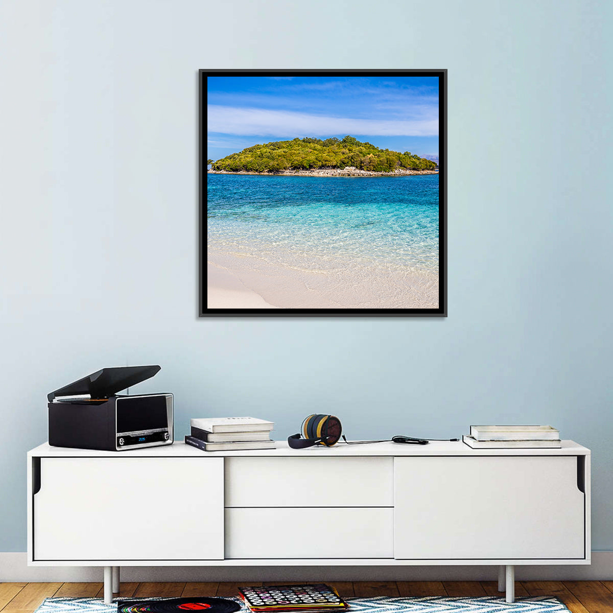Butrint Turquoise Island Beach Wall Art in a room, square