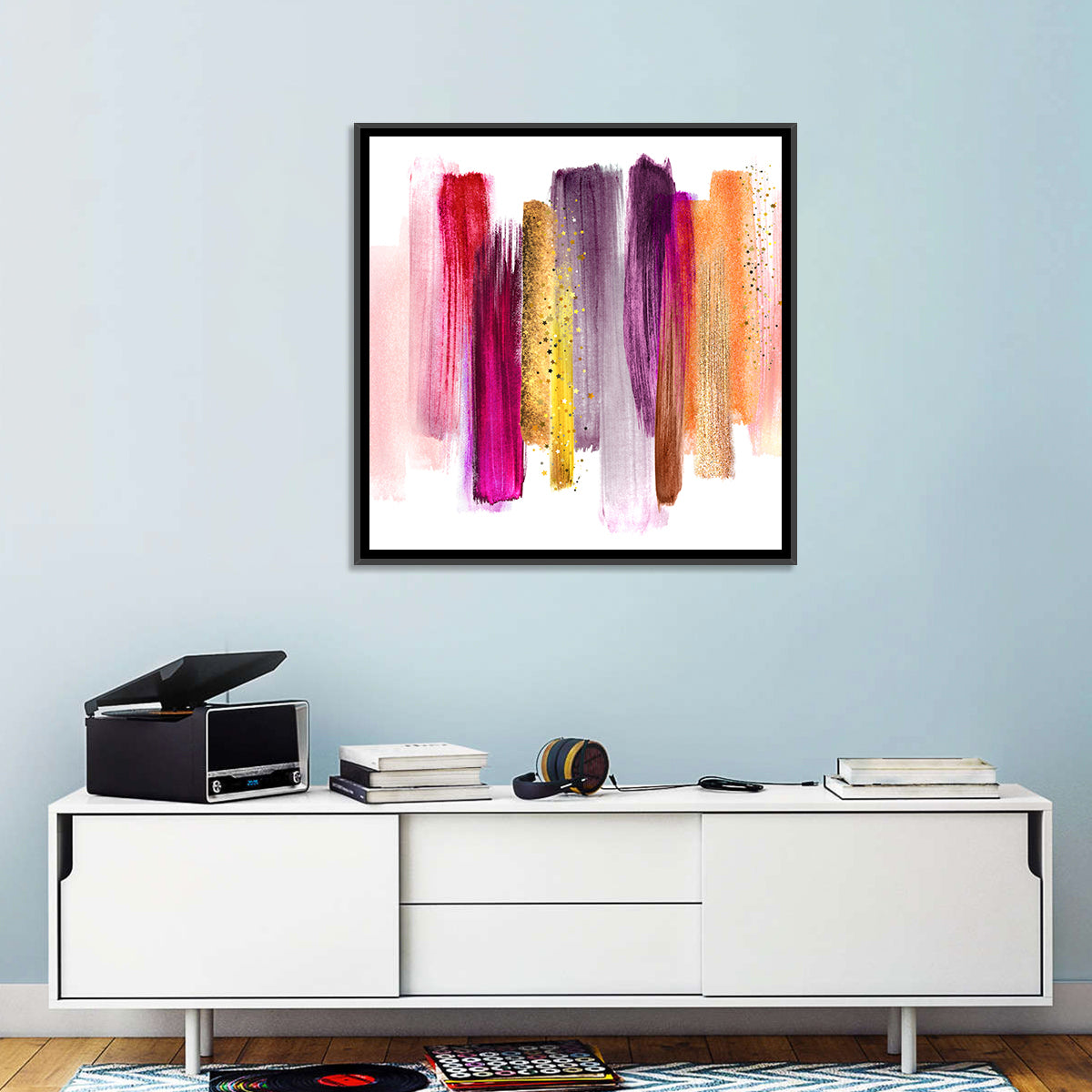 Fuchsia and Gold Brush Strokes Wall Art in a room, square