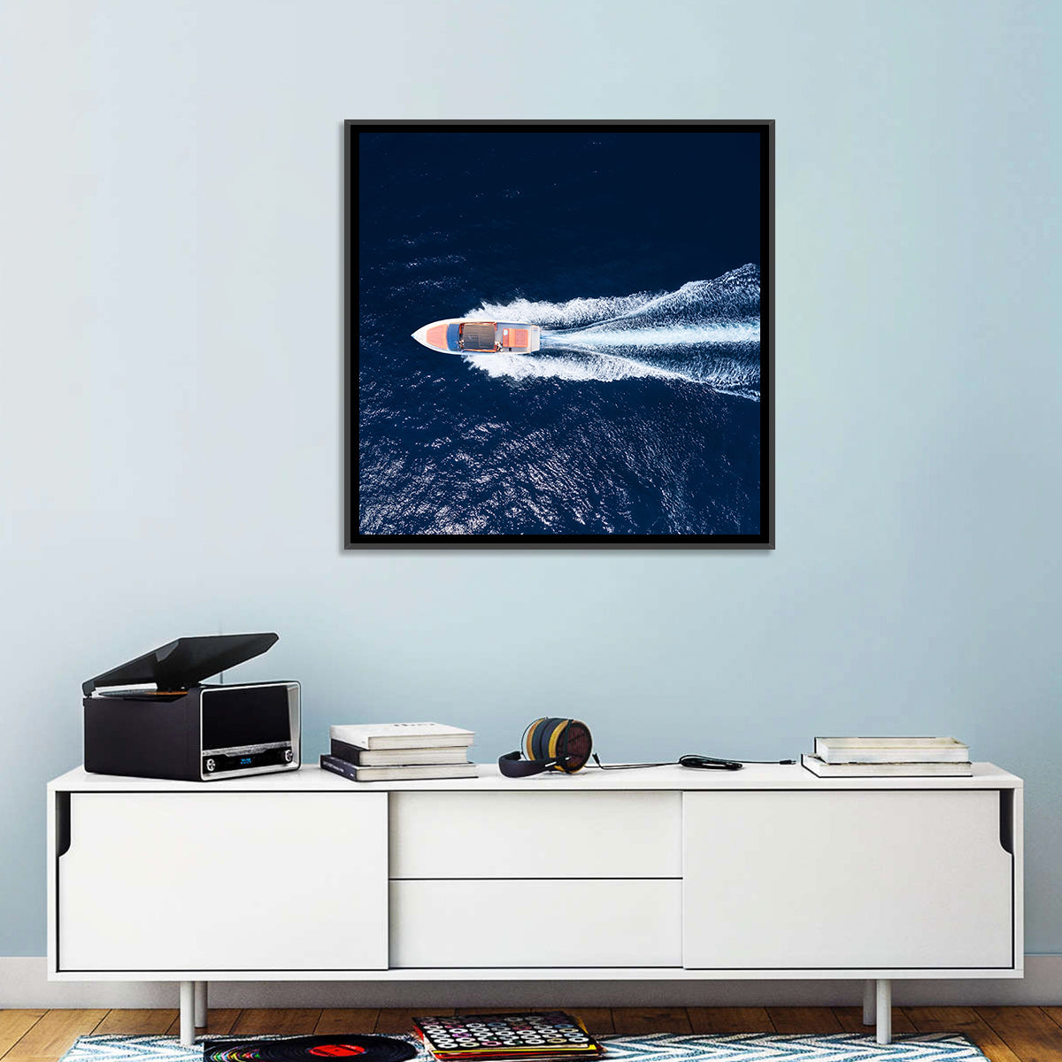 Sleek Speedboat Over Navy Sea Wall Art in a room, square