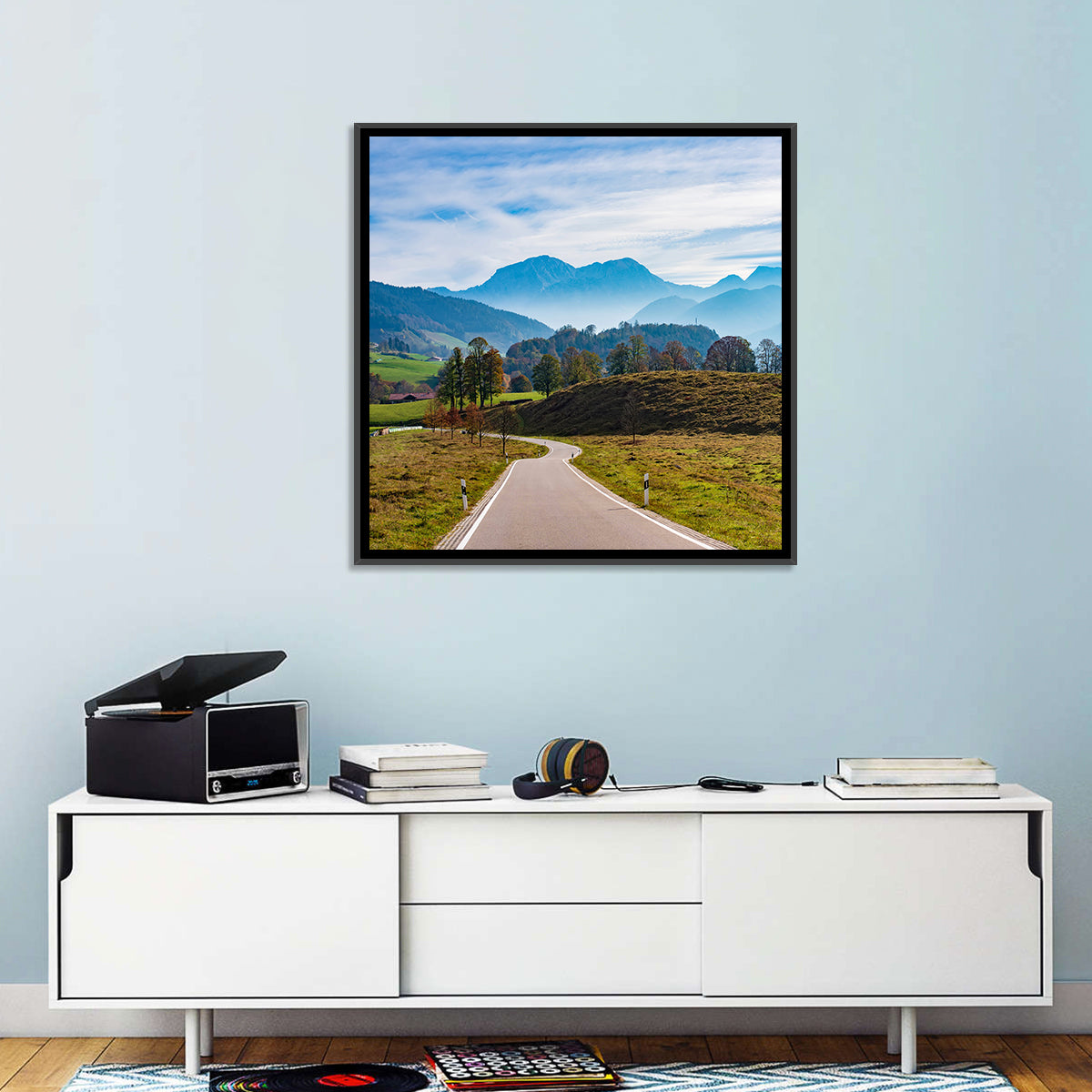 Bavarian Mountain Valley Wall Art in a room, square