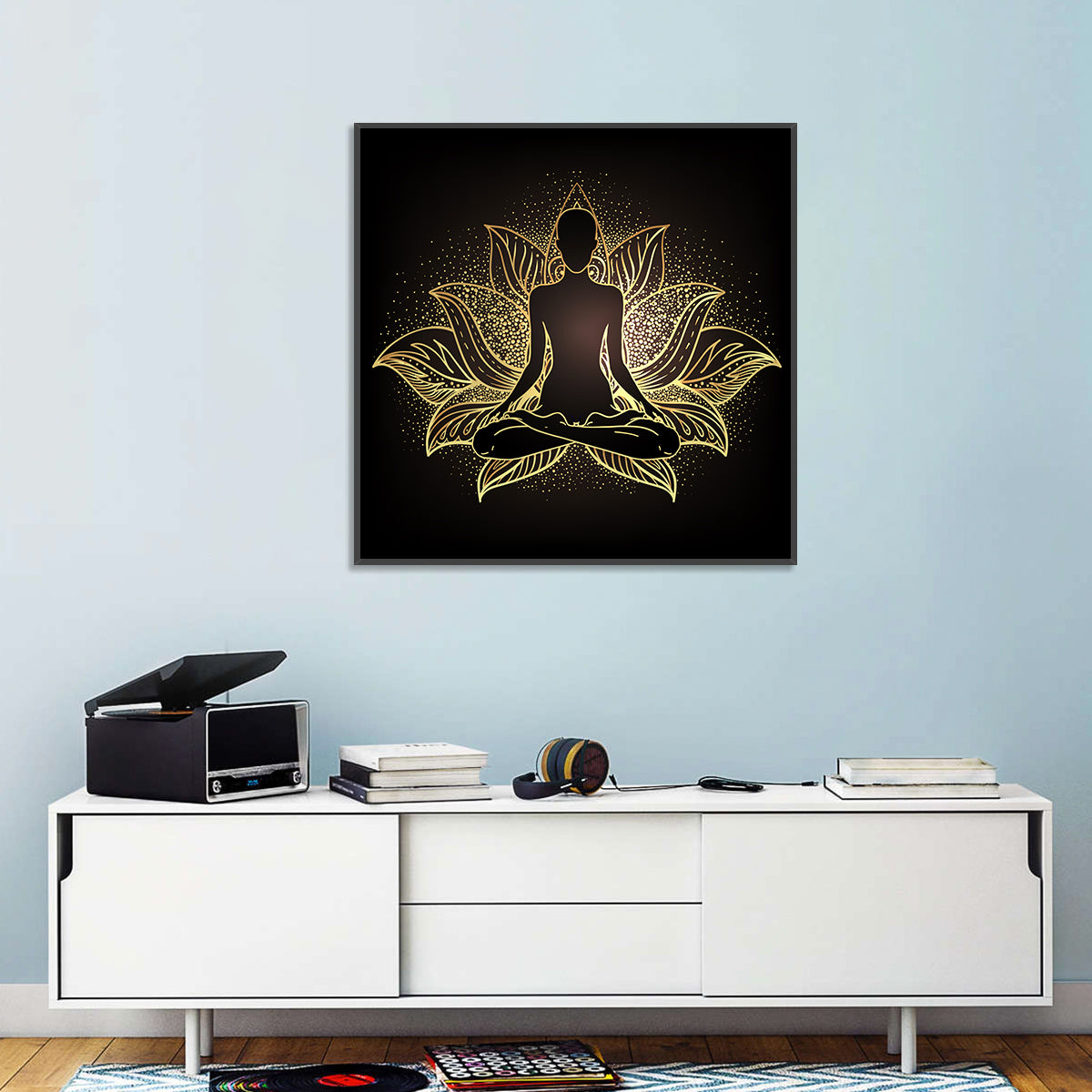 Golden Chakra Silhouette Wall Art in a room, square