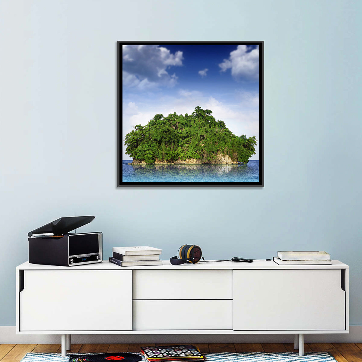 Tranquil Tropical Island Reflection Wall Art in a room, square