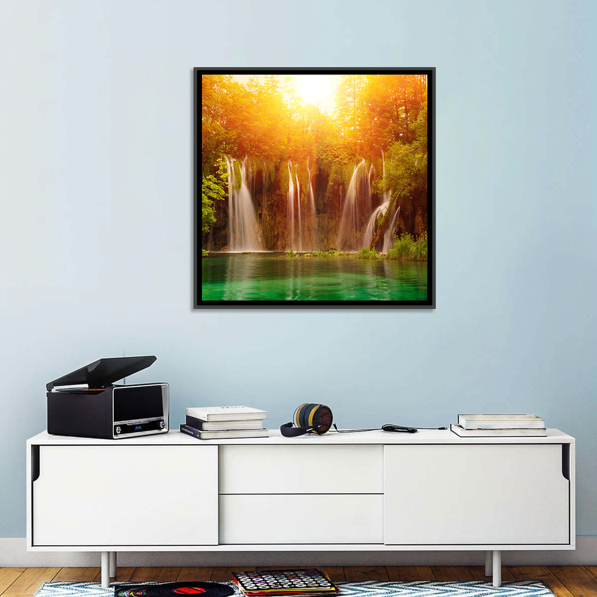 Plitvice Lakes Waterfalls Wall Art in a room, square