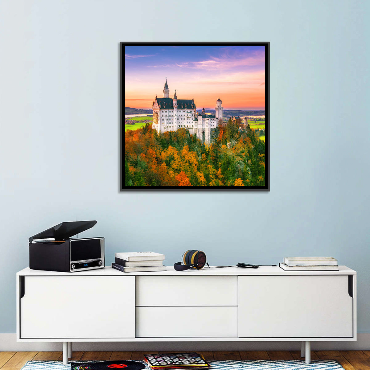 Neuschwanstein Castle at Autumn Sunset Wall Art in a room, square
