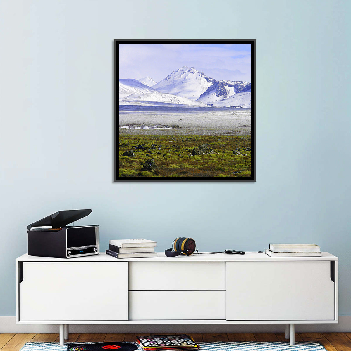 Icelandic Snow and Moss Landscape Wall Art in a room, square
