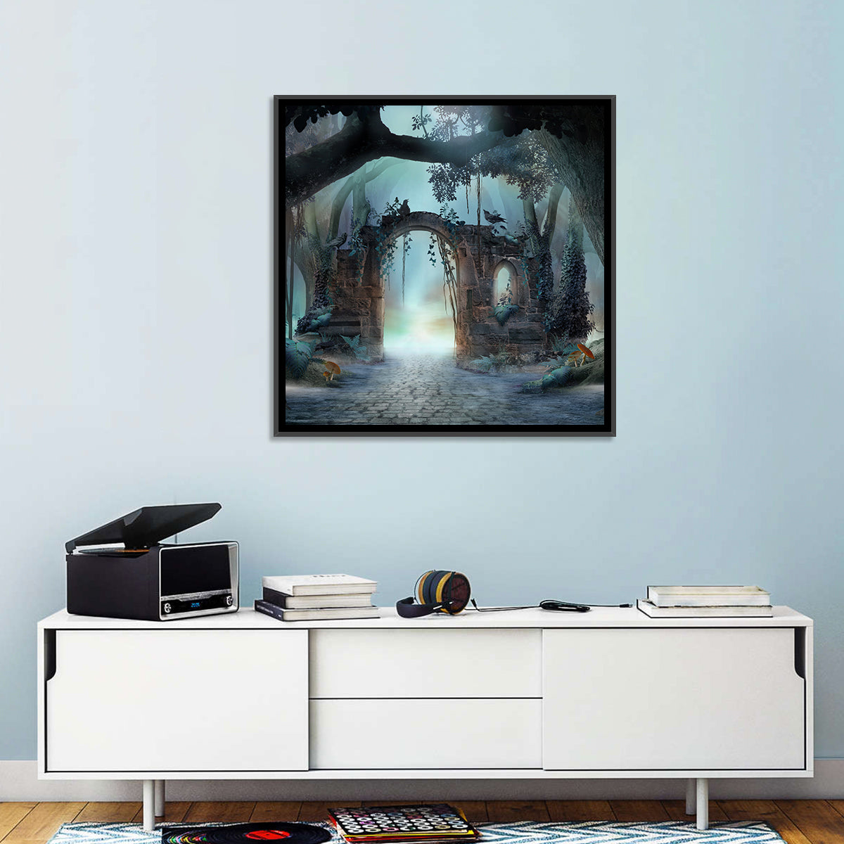 Enchanted Foggy Forest Wall Art in a room, square