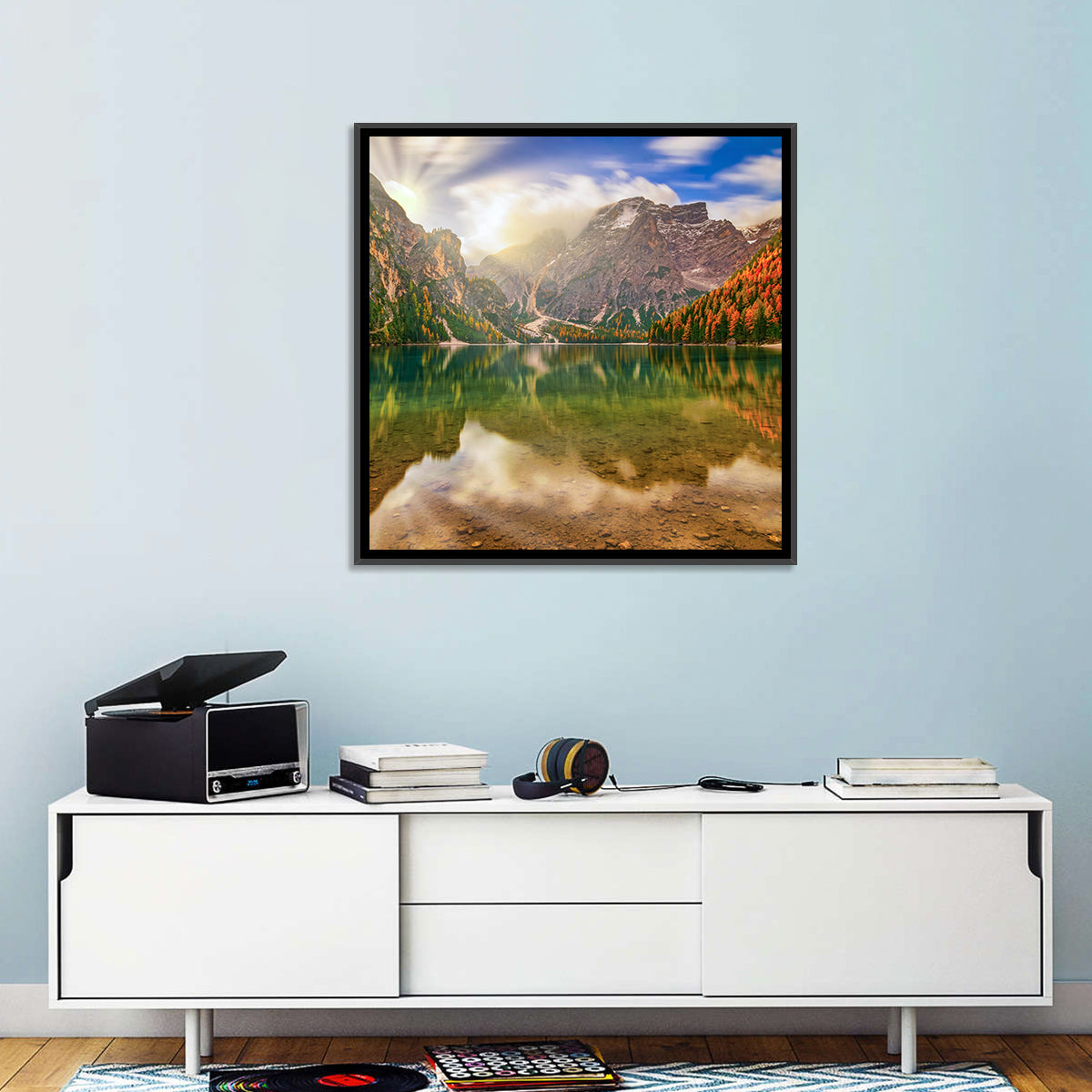 Lago Di Braies Sunrise Wall Art in a room, square