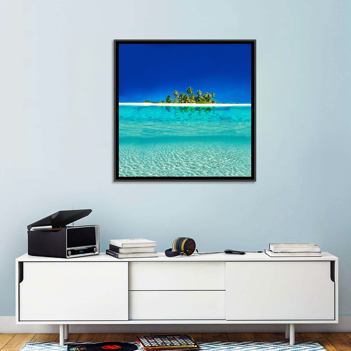 Tranquil Split-level Tropical Island Seascape Wall Art in a room, square