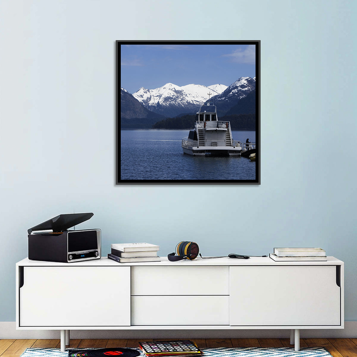 Lake Nahuel Huapi Catamaran and Snow-capped Mountains Wall Art in a room, square