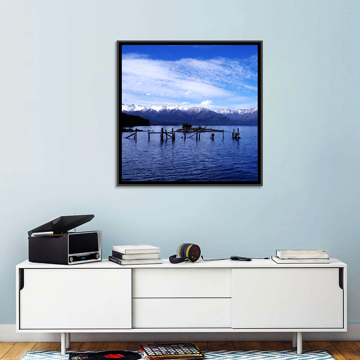Nahuel Huapi Lake with Wooden Pilings Wall Art in a room, square