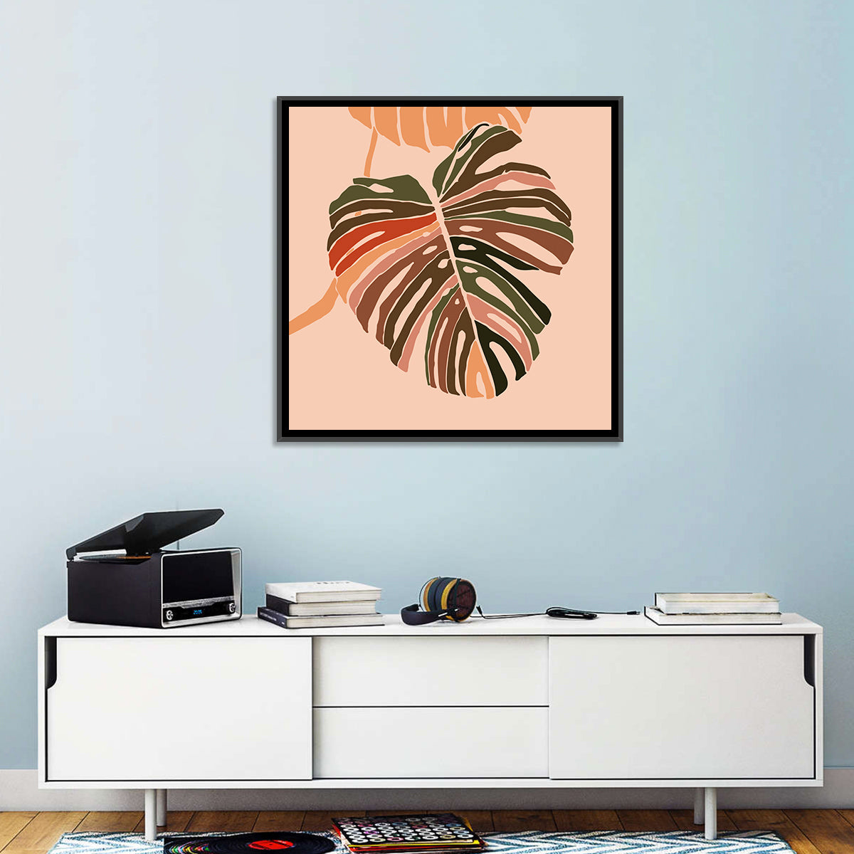 Monstera Leaf Abstract Wall Art in a room, square